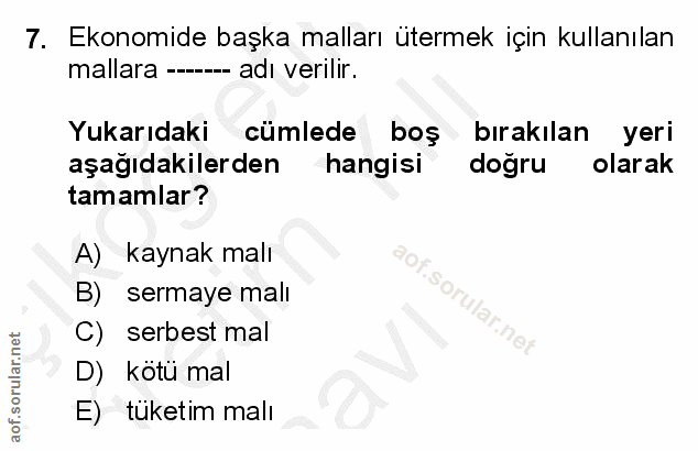 7. soru: Ekonomide başka malları ütermek için kullanılan mallara --- --- adı verilir. Yukarıdaki cümlede boş bırakılan yeri aş…