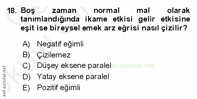 18. soru: Boş zaman normal mal olarak tanımlandığında ikame etkisi gelir etkisine eșit ise bireysel emek arz eğrisi nasıl çizil…