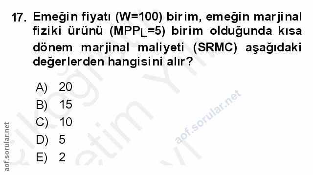 17. soru: Emegin fiyatı (W=100) birim, emegin marjinal fiziki ürünü (MPPL=5) birim olduğunda kısa dönem marjinal maliyeti (SRMC…