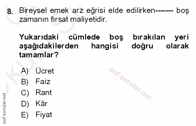 8. soru: Bireysel emek arz eğrisi elde edilirken-... boş zamanın fırsat maliyetidir. Yukarıdaki cümlede boş bırakılan yeri aşa…