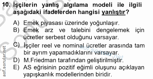 10. soru: Işçilerin yanlış algılama modeli ile ilgili aşağıdaki ifadelerden hangisi yanlıştır? A) Emek piyasası üzerinde yoğunl…