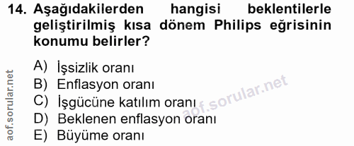 14. soru: Aşağıdakilerden hangisi beklentilerle geliştirilmiş kısa dönem Philips eğrisinin konumu belirler? A) İşsizlik oranı C…