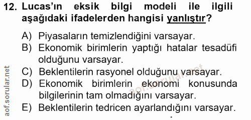 12. soru: Lucas'ın eksik bilgi modeli ile ilgili aşağıdaki ifadelerden hangisi yanlıştır? A) Piyasaların temizlendiğini varsaya…