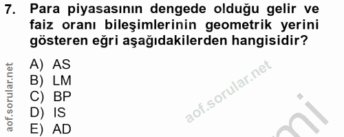 7. soru: Para piyasasının dengede olduğu gelir ve faiz oranı bileşimlerinin geometrik yerini gösteren eğri aşağıdakilerden han…
