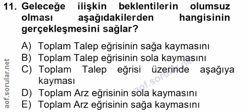 11. soru: Geleceğe ilişkin beklentilerin olumsuz olması aşağıdakilerden hangisinin gerçekleşmesini sağlar? A) Toplam Talep eğri…