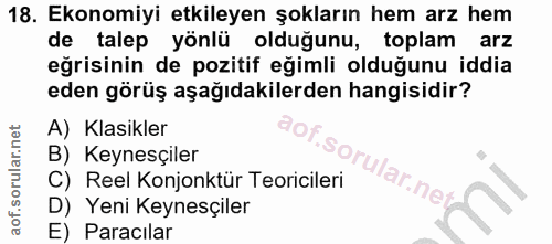 18. soru: Ekonomiyi etkileyen şokların hem arz hem de talep yönlü olduğunu, toplam arz eğrisinin de pozitif eğimli olduğunu idd…