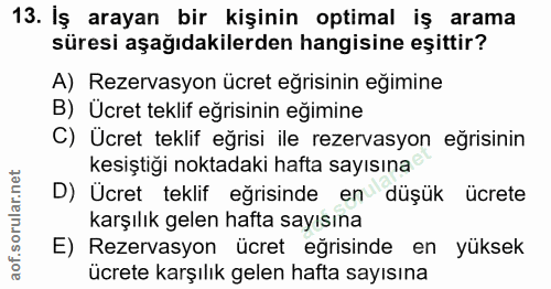 13. soru: İş arayan bir kişinin optimal iş arama süresi aşağıdakilerden hangisine eşittir? A) Rezervasyon ücret eğrisinin eğimi…