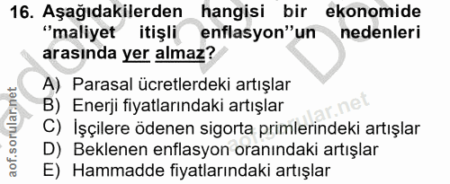 16. soru: Aşağıdakilerden hangisi bir ekonomide "maliyet itişli enflasyon"un nedenleri arasında yer almaz? A) Parasal ücretlerd…