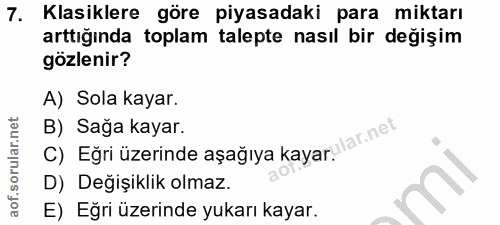 7. soru: Klasiklere göre piyasadaki para miktarı arttığında toplam talepte nasıl bir değişim gözlenir? A) Sola kayar. B) Sağa…