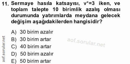 11. soru: Sermaye hasıla katsayısı, v*=3 iken, ve toplam talepte 10 birimlik azalış olması durumunda yatırımlarda meydana gelec…