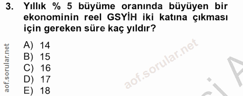 3. soru: Yıllık % 5 büyüme oranında büyüyen bir ekonominin reel GSYH iki katına çıkması için gereken süre kaç yıldır? A) 14 B)…