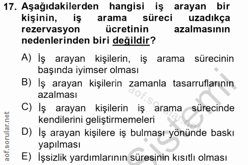 17. soru: Aşağıdakilerden hangisi iş arayan bir kişinin, iş arama süreci uzadıkça rezervasyon ücretinin azalmasinın nedenlerind…
