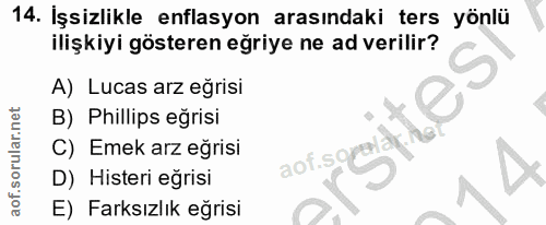 14. soru: İşsizlikle enflasyon arasındaki ters yönlü ilişkiyi gösteren eğriye ne ad verilir? A) Lucas arz eğrisi B) Phillips eğ…