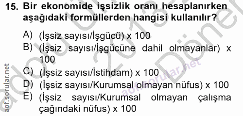 15. soru: Bir ekonomide işsizlik oranı hesaplanırken aşağıdaki formüllerden hangisi kullanılır? A) (İşsiz sayısı/İşgücü) x 100…