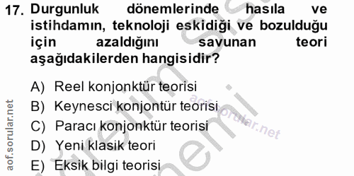 17. soru: Durgunluk dönemlerinde hasıla ve istihdamın, teknoloji eskidiği ve bozulduğu azaldığını savunan teori aşağıdakilerden…