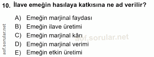 10. soru: Ilave emeğin hasılaya katkısına ne ad verilir? A) Emeğin marjinal faydası B) Emeğin ilave üretimi C) Emeğin marjinal…