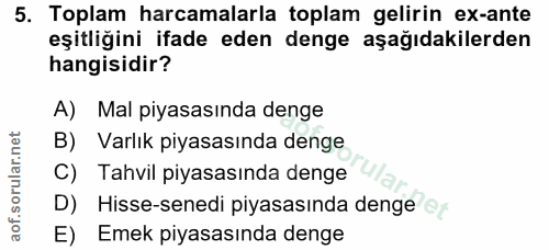5. soru: Toplam harcamalarla toplam gelirin ex-ante eşitliğini ifade eden denge aşağıdakilerden hangisidir? A) Mal piyasasında…
