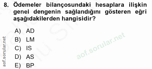 8. soru: Ödemeler bilançosundaki hesaplara ilişkin genel dengenin sağlandığını gösteren eğri aşağıdakilerden hangisidir? A) AD…
