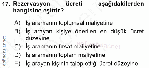 17. soru: Rezervasyon ücreti aşağıdakilerden hangisine eşittir? A) Iş aramanın toplumsal maliyetine B) Iş arayan kişiye önerile…