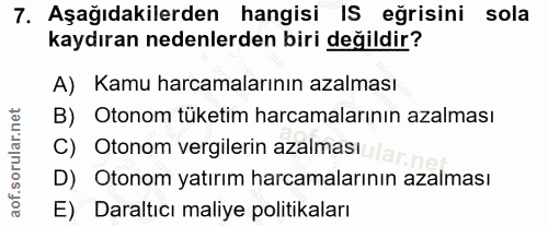 7. soru: Aşağıdakilerden hangisi IS eğrisini sola kaydıran nedenlerden biri değildir? A) Kamu harcamalarının azalması B) Otono…