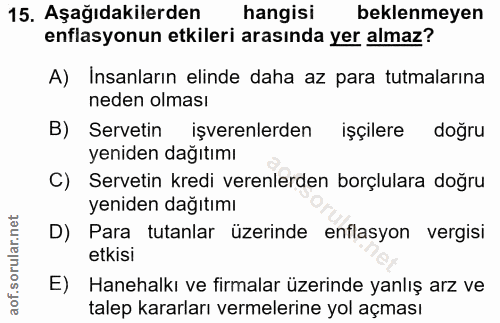 15. soru: Aşağıdakilerden hangisi beklenmeyen enflasyonun etkileri arasında yer almaz? A) Insanların elinde daha az para tutmal…