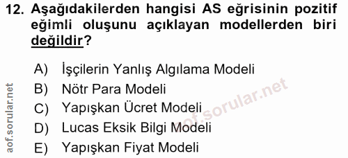 12. soru: Aşağıdakilerden hangisi AS eğrisinin pozitif eğimli oluşunu açıklayan modellerden biri değildir? A) İşçilerin Yanlış…