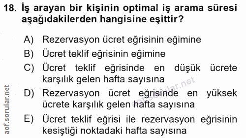 18. soru: İş arayan bir kişinin optimal iş arama süresi aşağıdakilerden hangisine eşittir? A) Rezervasyon ücret eğrisinin eğimi…