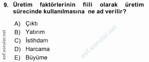 9. soru: Uretim faktörlerinin fiili olarak üretim sürecinde kullanılmasına ne ad verilir? A) Çıktı B) Yatırım C) Istihdam D) H…