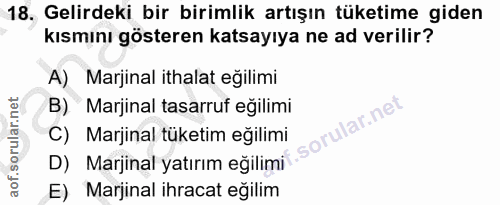 18. soru: Gelirdeki bir birimlik artışın tüketime giden kısmını gösteren katsayıya ne ad verilir? A) Marjinal ithalat egilimi B…