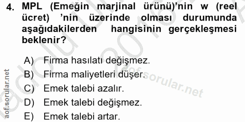 4. soru: MPL (Emeğin marjinal ürünü)'nin w (reel ücret) 'nin üzerinde olması durumunda aşağıdakilerden hangisinin gerçekleşmes…