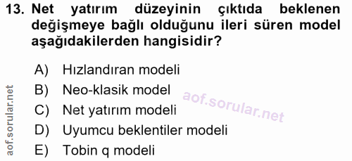 13. soru: Net yatırım düzeyinin çıktıda beklenen değişmeye bağlı olduğunu ileri süren model aşağıdakilerden hangisidir? A) Hızl…