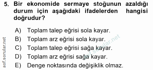 5. soru: Bir ekonomide sermaye stoğunun azaldığı durum için aşağıdaki ifadelerden hangisi doğrudur? A) Toplam talep egrisi sol…