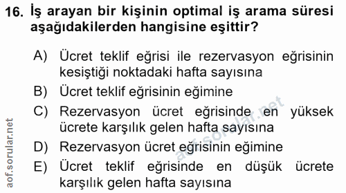 16. soru: İş arayan bir kişinin optimal iş arama süresi aşağıdakilerden hangisine eşittir? A) Ucret teklif eğrisi ile rezervasy…
