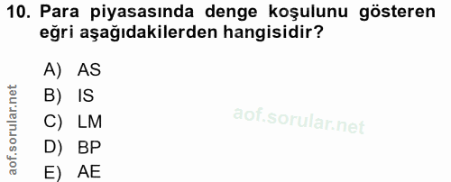 10. soru: Para piyasasında denge koşulunu gösteren eğri aşağıdakilerden hangisidir? A) AS B) IS C) LM D) BP E) AE