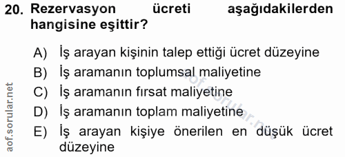 20. soru: Rezervasyon ücreti aşağıdakilerden hangisine eşittir? A) İş arayan kişinin talep ettiği ücret düzeyine B) İş aramanın…