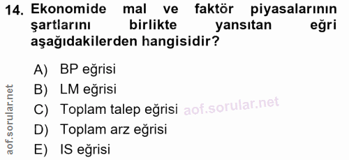 14. soru: Ekonomide mal ve faktör piyasalarının şartlarını birlikte yansıtan eğri aşağıdakilerden hangisidir? A) BP egrisi net…