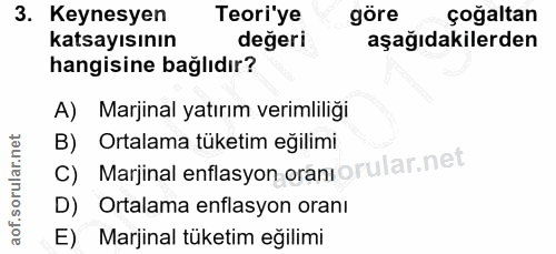 3. soru: Keynesyen Teori'ye göre çoğaltan katsayısının değeri aşağıdakilerden hangisine bağlıdır? A) Marjinal yatırım verimlil…