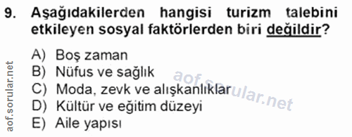 9. soru: Aşağıdakilerden hangisi turizm talebini etkileyen sosyal faktörlerden biri değildir? A) Boş zaman C) Moda, zevk ve al…