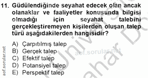 11. soru: Güdülendiğinde seyahat edecek olan ancak olanaklar ve faaliyetler konusunda bilgisi olmadığı için seyahat talebini ge…