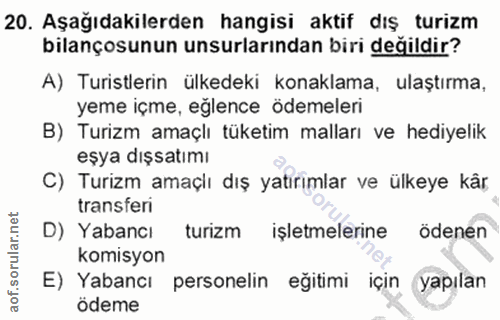 20. soru: Aşağıdakilerden hangisi aktif dış turizm bilançosunun unsurlarından biri değildir? A) Turistlerin ülkedeki konaklama,…