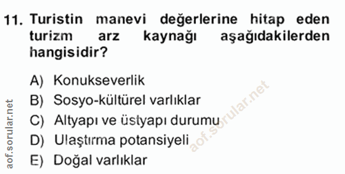 11. soru: Turistin manevi değerlerine hitap eden turizm arz kaynağı aşağıdakilerden hangisidir? A) Konukseverlik lar.ne B) Sosy…