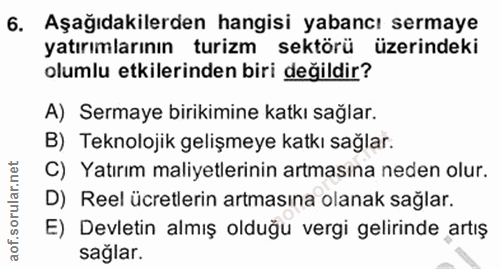 6. soru: Aşağıdakilerden hangisi yabancı sermaye yatırımlarının turizm sektörü üzerindeki olumlu etkilerinden biri değildir? A…