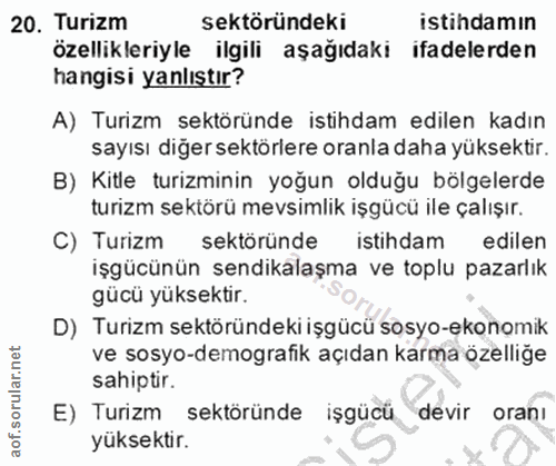 20. soru: Turizm sektöründeki istihdamın özellikleriyle ilgili aşağıdaki ifadelerden hangisi yanlıştır? A) Turizm sektöründe is…