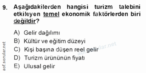 9. soru: Aşağıdakilerden hangisi turizm talebini etkileyen temel ekonomik faktörlerden biri değildir? A) Gelir dağılımı B) Kül…