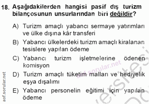 18. soru: Aşağıdakilerden hangisi pasif dış turizm bilançosunun unsurlarından biri değildir? A) Turizm amaçlı yabancı sermaye y…