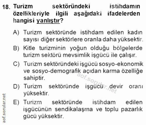 18. soru: Turizm sektöründeki istihdamın özellikleriyle ilgili aşağıdaki ifadelerden hangisi yanlıştır? A) Turizm sektöründe is…