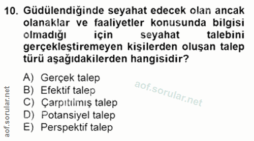 10. soru: Güdülendiğinde seyahat edecek olan ancak olanaklar ve faaliyetler konusunda bilgisi olmadığı için seyahat talebini ge…