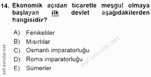 14. soru: Ekonomik açıdan ticaretle meşgul olmaya başlayan ilk devlet aşağıdakilerden hangisidir? A) Fenikeliler B) Mısırlılar…