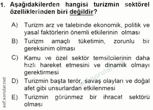 1. soru: Aşağıdakilerden hangisi turizmin sektörel özelliklerinden biri değildir? A) Turizm arz ve talebinde ekonomik, politik…