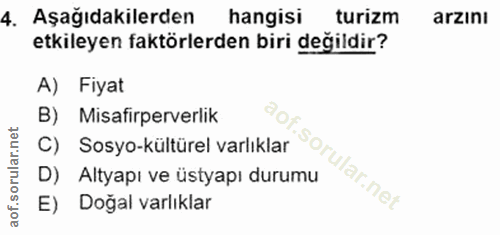 4. soru: Aşağıdakilerden hangisi turizm arzını etkileyen faktörlerden biri değildir? A) Fiyat B) Misafirperverlik C) Sosyo-kül…